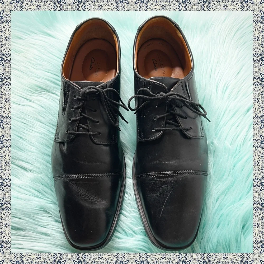 Clarks Men’s Black LEATHER Derby Dress Shoes Size 13 Lace Up Comfort Cap Toe